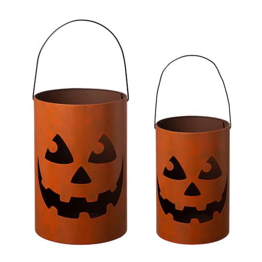 Glitzhome Set Of 2 Halloween Jack O Lantern Bucket Tabletop Decor, One Size, Orange